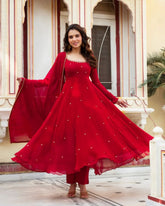 Ready To Wear Hot Red Soft Georgette Sequence Work Anarkali Suit With Dupatta