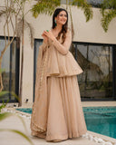 Ready To Wear Beige Organza Lace Work Sharara Suit With Dupatta