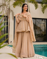 Ready To Wear Beige Organza Lace Work Sharara Suit With Dupatta