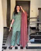 Ready To Wear Aqua & Peach Crep Silk Embroidery Work Farshi Suit With Dupatta