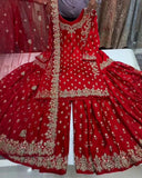 Exclusive Red Chinon Silk Embroidery Work Gharara Suit With Dupatta