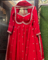 Exclusive Hot Red Soft Georgette Embroidery Work Anarkali Gown With Dupatta