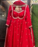 Exclusive Hot Red Soft Georgette Embroidery Work Anarkali Gown With Dupatta