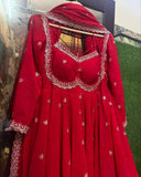 Exclusive Hot Red Soft Georgette Embroidery Work Anarkali Gown With Dupatta