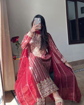 Exclusive Red Soft Georgette Sequence Work Pakistani Suit With Dupatta