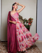 Ready To Wear Pink Soft Georgette Floral Printed Anarkali Gown With Magenta Dupatta