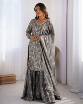Ready To Wear Grey & Green Chinon Silk Embroidery Work Sharara Suit With Dupatta
