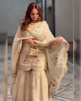 Ready To Wear Ivory Chinon Silk Embroidery Work Gharara Suit With Dupatta