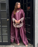 Ready To Wear Wine Purple Crep Silk Embroidery Work Farshi Suit With Dupatta