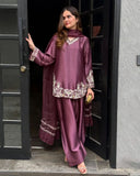 Ready To Wear Wine Purple Crep Silk Embroidery Work Farshi Suit With Dupatta