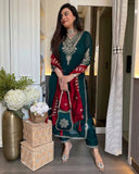 Ready To Wear Dark Green Chinon Silk Embroidery Work Pant Suit With Red Dupatta