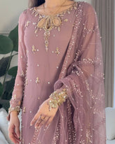 Ready To Wear Mauve Pink Soft Georgette Embroidery Work Palazo Suit With Dupatta