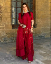 Ready To Wear Red Crep Silk Embroidery Work Farshi Suit With Dupatta