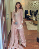 Ready To Wear Peach Pink Crep Silk Embroidery Work Farshi Suit With Dupatta