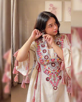 Ready To Wear Cream Khadi Cotton Embroidery Work Pant Suit With Dupatta