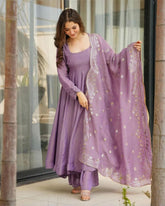 Ready To Wear Lavender & Brown Silk Embroidery Work Anarkali Suit With Dupatta