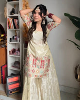 Ready To Wear Cream Chinon Silk Embroidery Work Sharara Suit With Dupatta