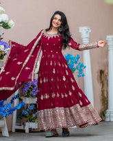 Ready To Wear Maroon & Yellow Soft Georgette Sequence Work Anarkali Gown With Dupatta