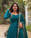 Ready To Wear Rama & Maroon Silk Embroidery Work Anarkali Suit With Dupatta