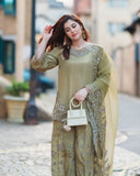 Ready To Wear Olive Green Crep Silk Embroidery Work Farshi Suit With Dupatta
