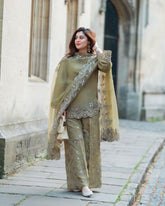 Ready To Wear Olive Green Crep Silk Embroidery Work Farshi Suit With Dupatta