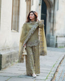 Ready To Wear Olive Green Crep Silk Embroidery Work Farshi Suit With Dupatta