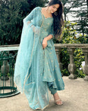 Exclusive Aqua Green Silk Embroidery Work Anarkali Suit With Dupatta