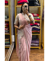 Ready To Wear Baby Pink Chinon Silk Embroidery Work Saree With Blouse