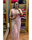 Ready To Wear Baby Pink Chinon Silk Embroidery Work Saree With Blouse