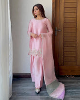 Ready To Wear Baby Pink Crep Silk Embroidery Work Farshi Suit With Dupatta