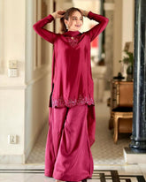 Ready To Wear Cherry Red Crep Silk Embroidery Work Farshi Suit With Dupatta