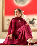 Ready To Wear Cherry Red Crep Silk Embroidery Work Farshi Suit With Dupatta