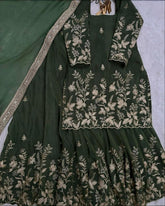 Ready To Wear Olive Green Chinon Silk Embroidery Work Sharara Suit With Dupatta