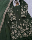 Ready To Wear Olive Green Chinon Silk Embroidery Work Sharara Suit With Dupatta