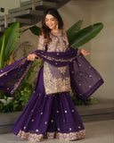 Exclusive Red & Purple Soft Georgette Sequence Work Sharara Suit With Dupatta