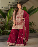 Exclusive Red & Purple Soft Georgette Sequence Work Sharara Suit With Dupatta