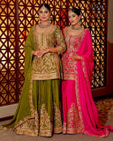 Ready To Wear Pink & Green Chinon Silk Embroidery Work Sharara Suit With Dupatta