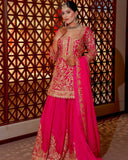 Ready To Wear Pink & Green Chinon Silk Embroidery Work Sharara Suit With Dupatta