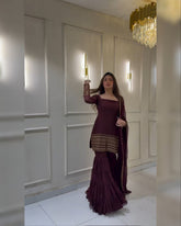 Ready To Wear Wine Soft Georgette Thread Work Gharara Suit With Dupatta
