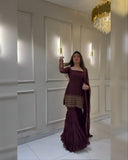 Ready To Wear Wine Soft Georgette Thread Work Gharara Suit With Dupatta