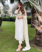Ready To Wear White Soft Georgette Embroidery Work Pant Suit With Dupatta