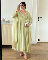 Ready To Wear Pale Lime Soft Georgette Embroidery Work Anarkali Suit With Dupatta