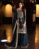 Ready To Wear Neavy Blue Soft Georgette Embroidery Work Palazo Suit With Dupatta