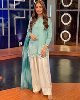 Ready To Wear Sky & Cream Soft Georgette Embroidery Work Farshi Suit With Dupatta