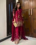 Ready To Wear Red Silk Sequence Work Farshi Suit With Dupatta