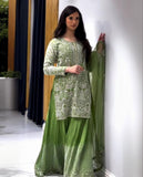 Ready To Wear Green Chinon Silk Embroidery Work Sharara Suit With Dupatta