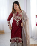 Ready To Wear Maroon Soft Georgette Embroidery Work Gharara Suit With Dupatta