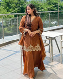 Ready To Wear Caramel Soft Georgette Embroidery Work Palazo Suit With Dupatta