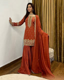 Ready To Wear Orange Silk Embroidery Work Sharara Suit With Dupatta
