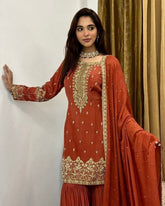 Ready To Wear Orange Silk Embroidery Work Sharara Suit With Dupatta